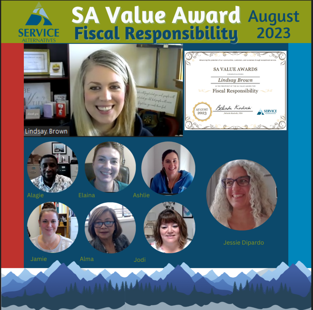 Pictured: Lindsay Brown (top) receiving the award virtually from Jessie DiPardo, Administrator (Right) with the Administrative Assistant team.