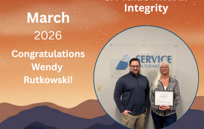 Celebration graphic for Service Alternatives announcing the SA Value Award: Integrity, March 2026, with two people holding a certificate in a circular photo frame.