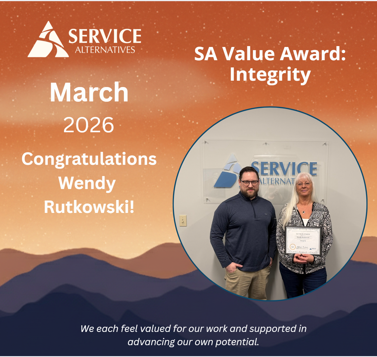 Celebration graphic for Service Alternatives announcing the SA Value Award: Integrity, March 2026, with two people holding a certificate in a circular photo frame.