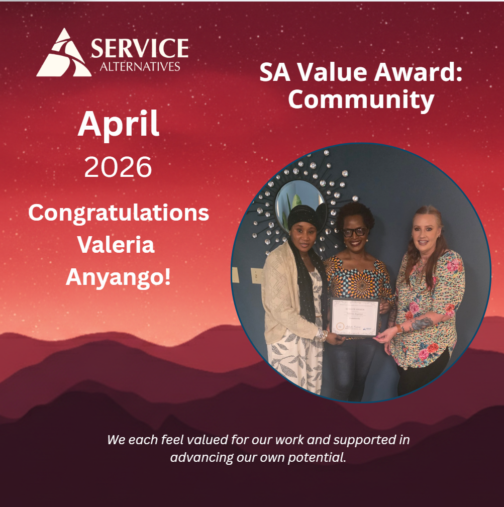 Award banner for Service Alternatives: SA Value Award—Community; features three women with a certificate in a circular photo on a red gradient background with mountains.