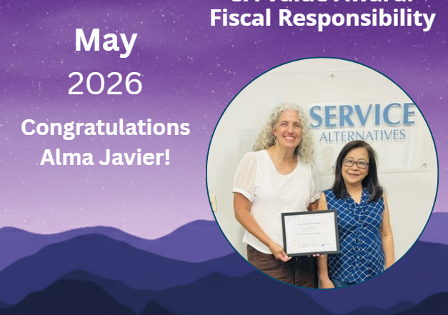 Award graphic for Alma Javier: May 2026, SA Value Award for Fiscal Responsibility, circular photo of two women receiving a certificate at Service Alternatives against a purple gradient mountain background.