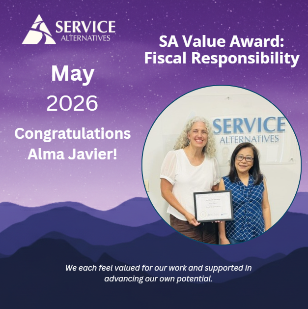Award graphic for Alma Javier: May 2026, SA Value Award for Fiscal Responsibility, circular photo of two women receiving a certificate at Service Alternatives against a purple gradient mountain background.