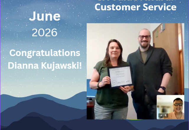 Service Alternatives June 2026 SA Value Award: Customer Service. Woman holds certificate beside a man during a video call; logo and blue mountain background visible.