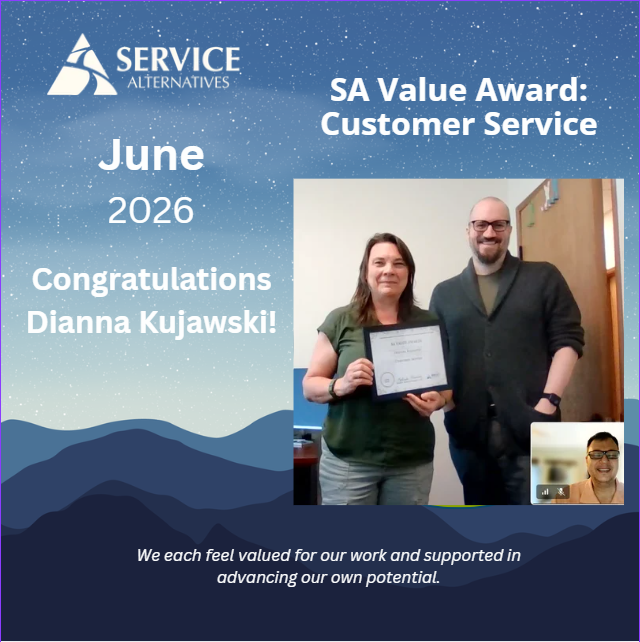 Service Alternatives June 2026 SA Value Award: Customer Service. Woman holds certificate beside a man during a video call; logo and blue mountain background visible.